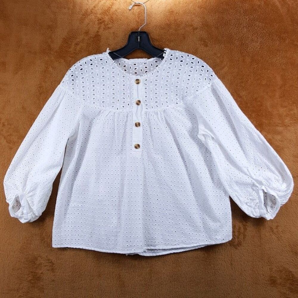 GOODNIGHT MACAROON Womens Top XS White Eyelet Embroidered Balloon Sleeve Peasant